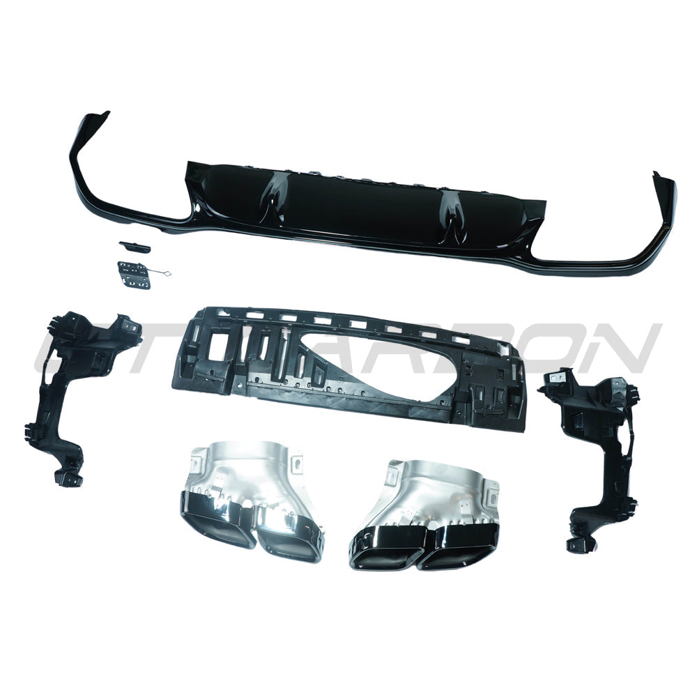 Mercedes W213 2020-2023 E-Class CT Carbon gloss black diffuser with chrome tips, showcasing sleek design and aerodynamic accents.