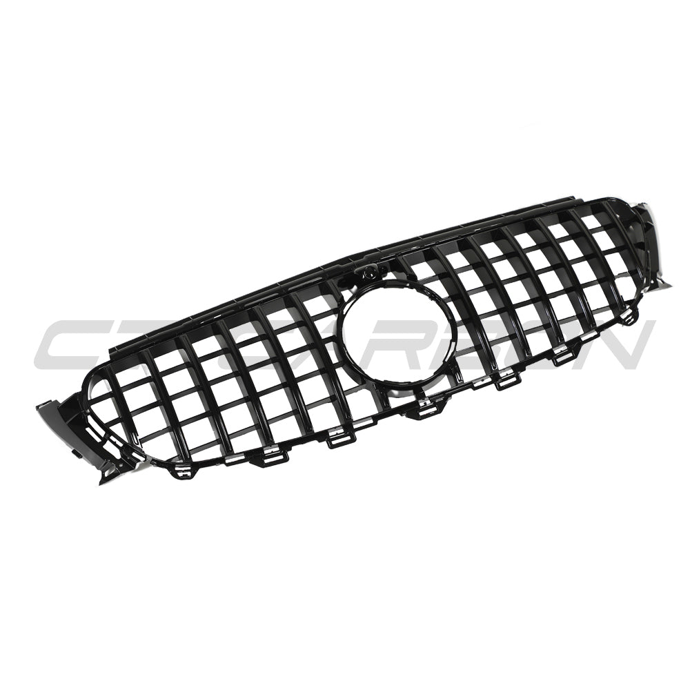 Mercedes W213 and C238 E-Class grille by CT Carbon with a sleek gloss black Panamerica design, detailed close-up view.