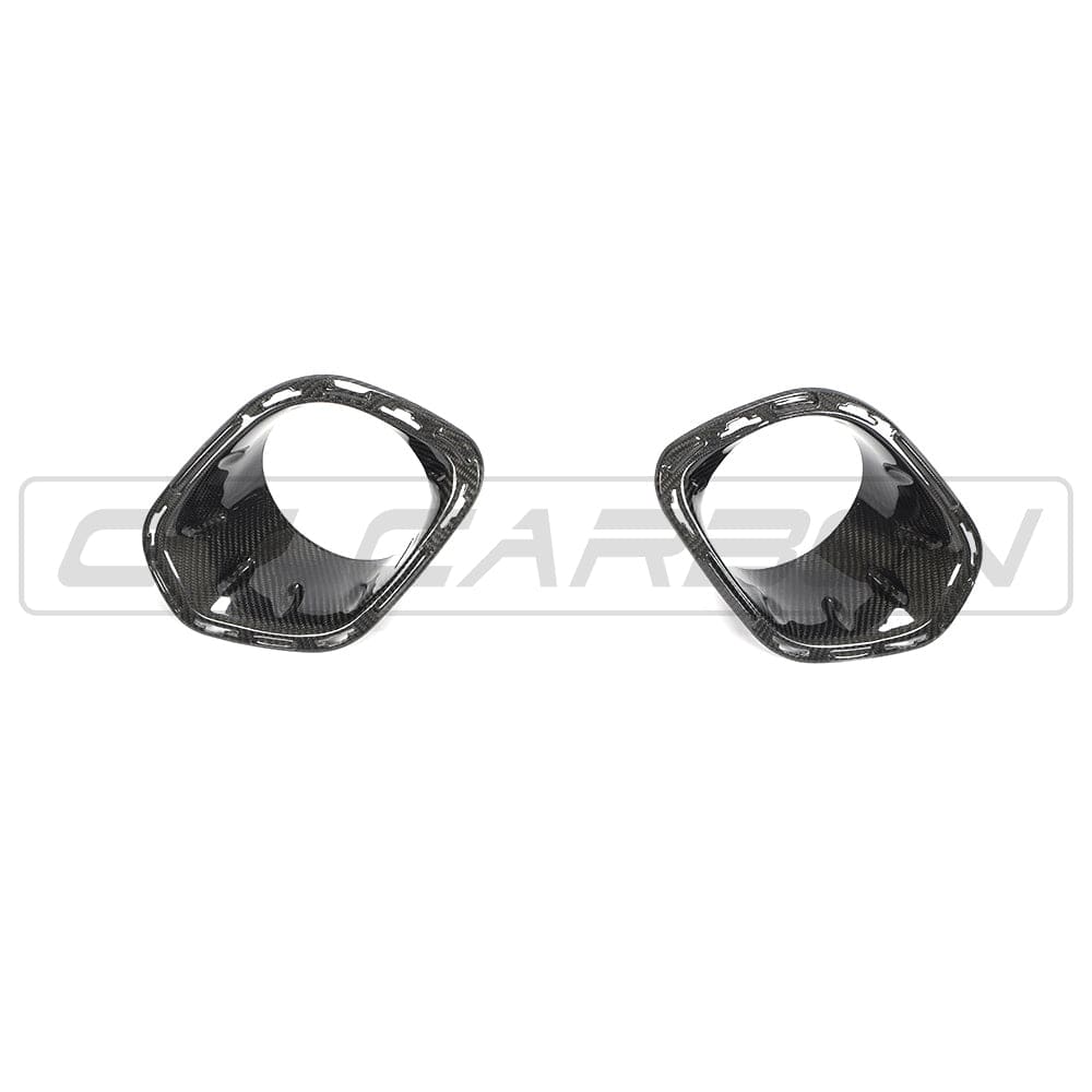 Carbon fiber fog light covers for MINI Cooper S and JCW F56 by CT Carbon, showcasing sleek, lightweight accessory design.