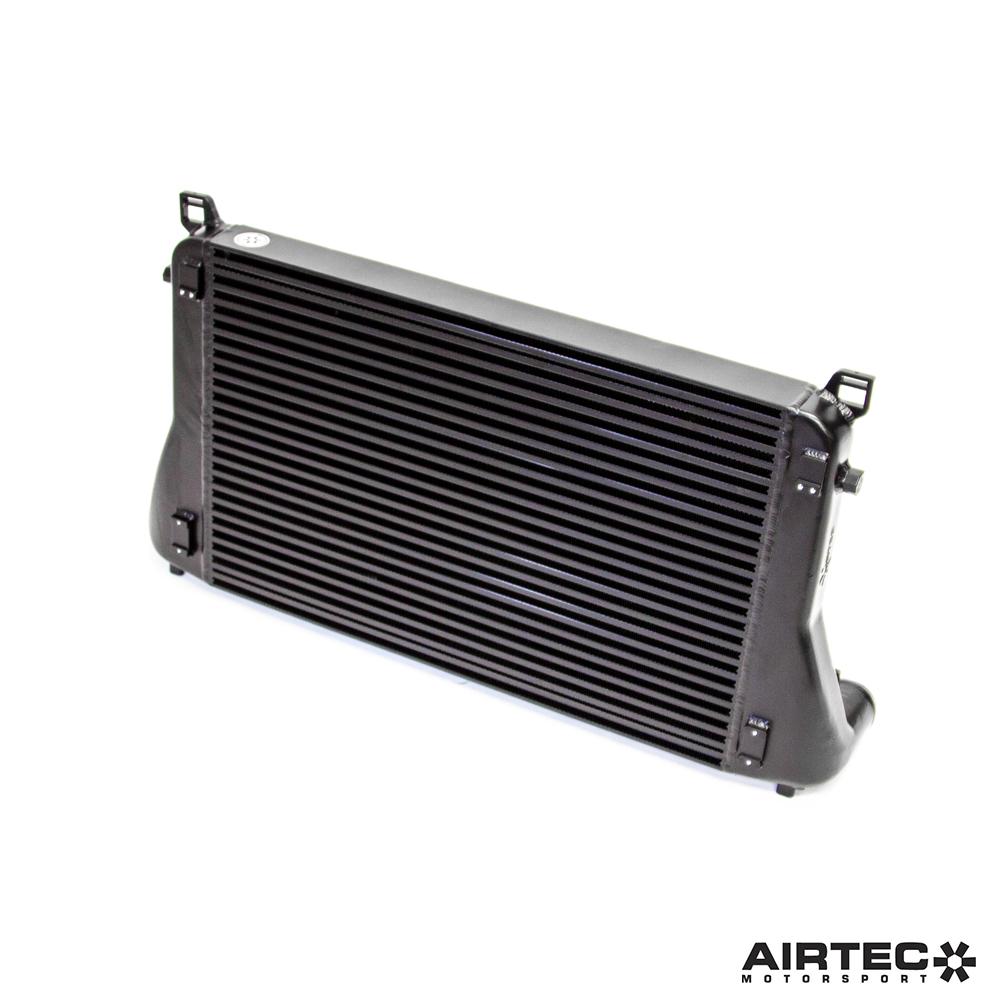 Airtec Motorsport intercooler upgrade for 1.8 and 2.0 TSI EA888 Gen 4 engines, shown installed on a MK8 R engine bay.