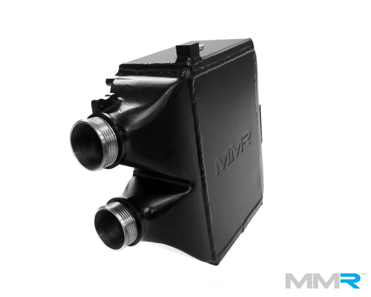 MMX Performance top mount charge cooler for BMW S55 F8x M2C M3 M4, showing the sleek, high-performance cooling system with branding details.
