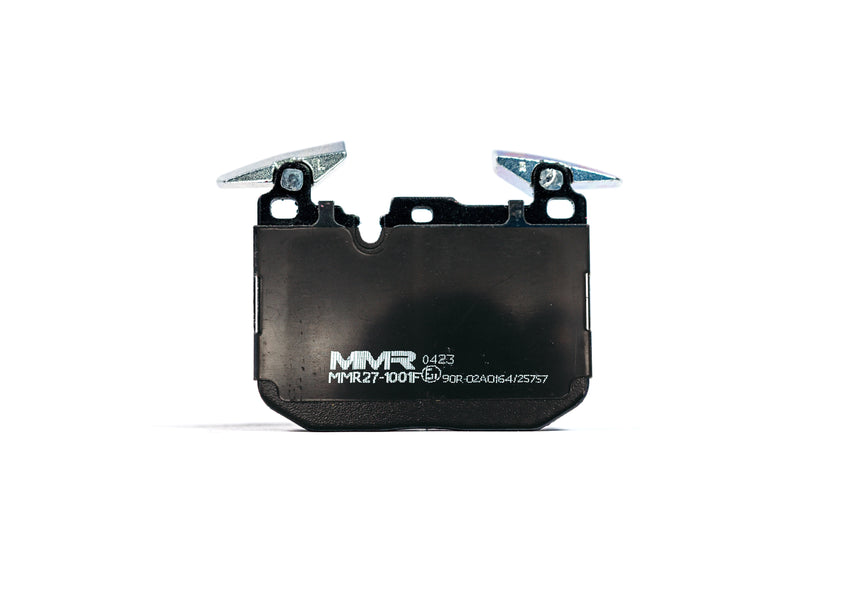 MMX Performance RP650 front brake pads for BMW F8x, F2x, and F3x models, showing new high-performance brake pads.