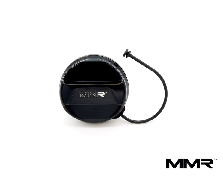 BMW MMX Performance billet fuel filler cap featuring the MMR logo, designed for enhanced durability and a sleek finish.
