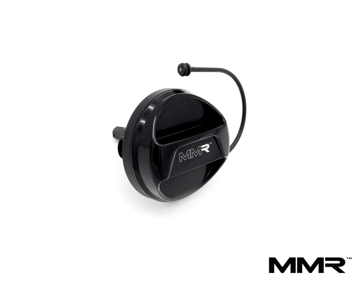 BMW fuel filler cap by MMX Performance, billet aluminum design with MMX logo, for a sleek, high-performance look.