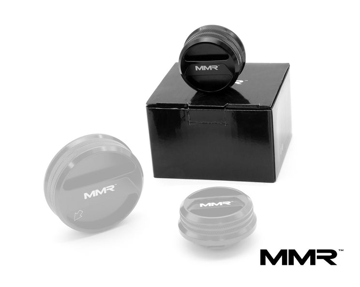 BMW cooling system with MMX Performance MMR 60mm billet coolant expansion cap, displayed on a vehicle engine.
