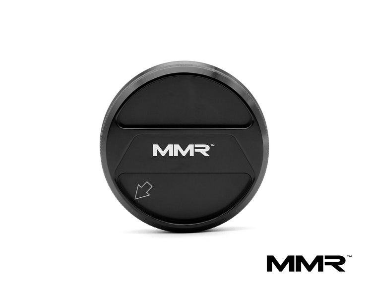 MMX Performance MMR 90mm billet coolant expansion cap for BMW vehicles, showcasing a durable, polished metal design.