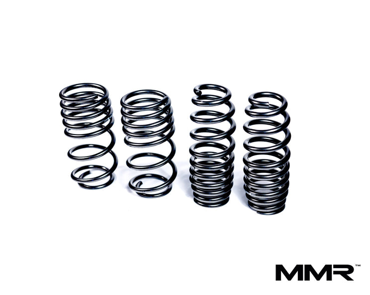 MMX Performance BMW M135i xDrive F40 lowering springs logo on black background, showcasing suspension component branding.