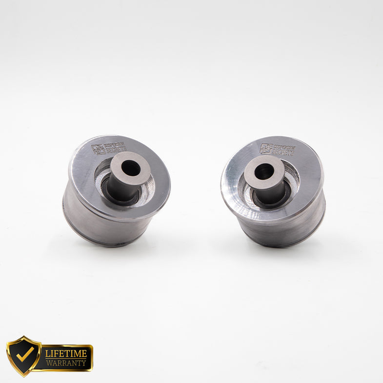 Suspension Secrets front offset caster bushes for BMW G87 M2, showing close-up of suspension linkage components.