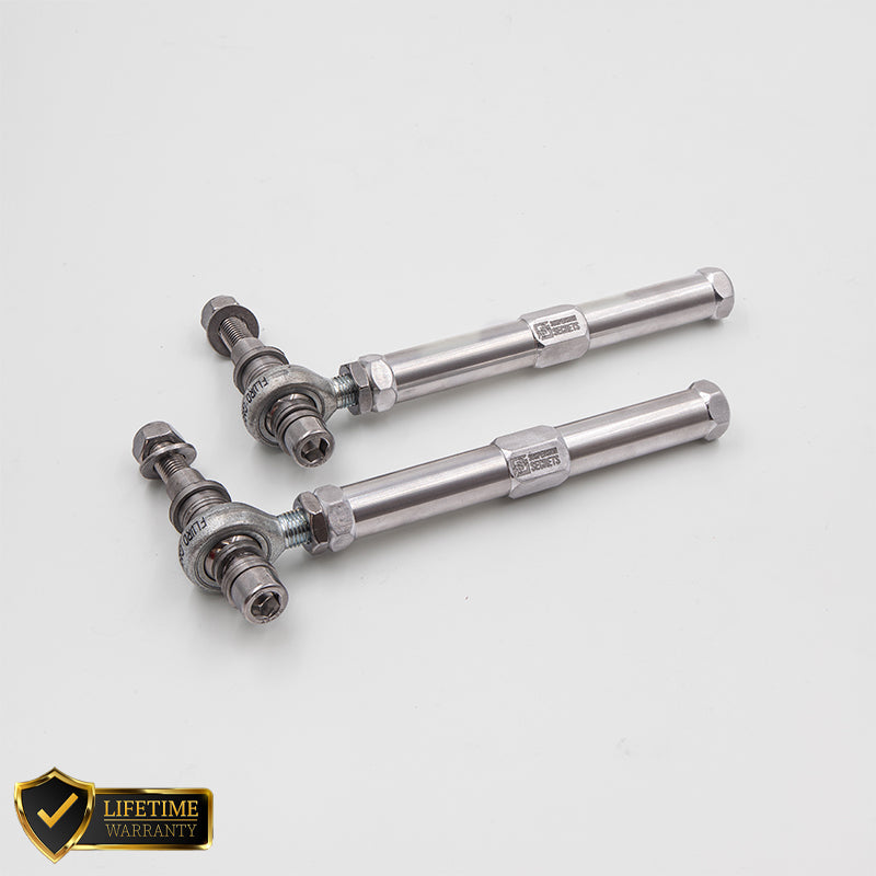 Suspension Secrets adjustable bump steer tie rod ends for Porsche 718 GT4 RS, showing the suspension linkage components.