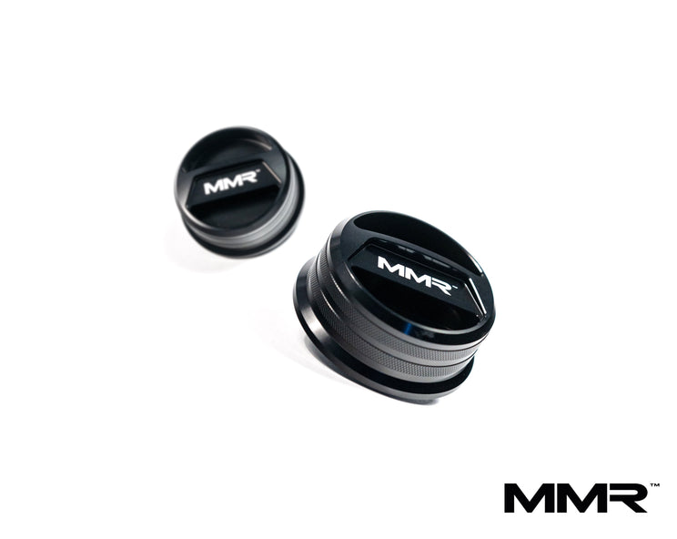 BMW engine bay with MMX Performance billet oil filler cap cover for B58, N54, N55, S54, S55, and S63 engines.