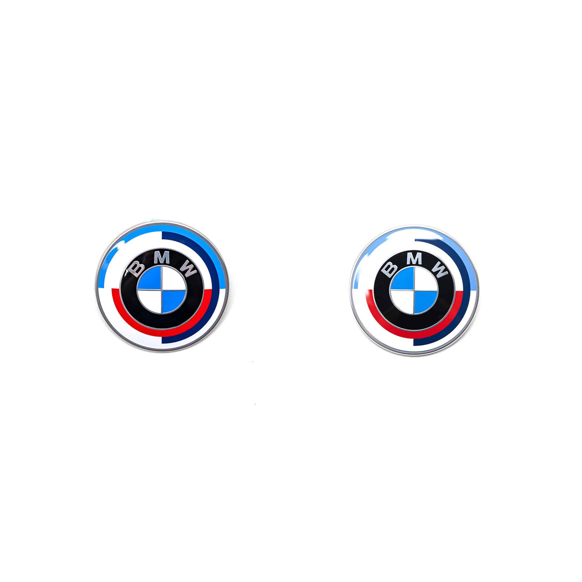 Genuine BMW 50 Years of M front and rear badges emblems on a BMW X3 G01, original car badges for M performance models.