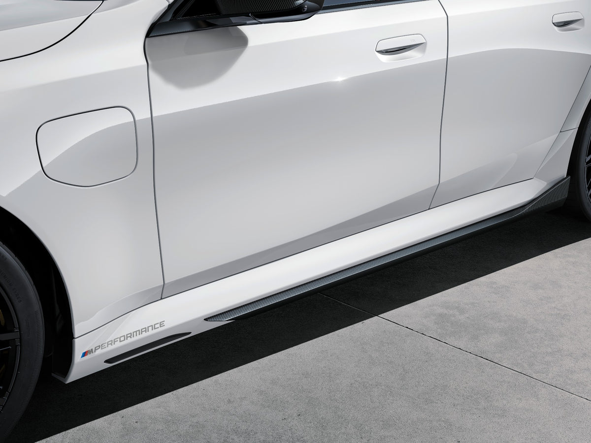 Genuine BMW G90 G99 M5 Saloon gloss carbon side skirts, sleek aerodynamic accessories for enhanced sporty look.