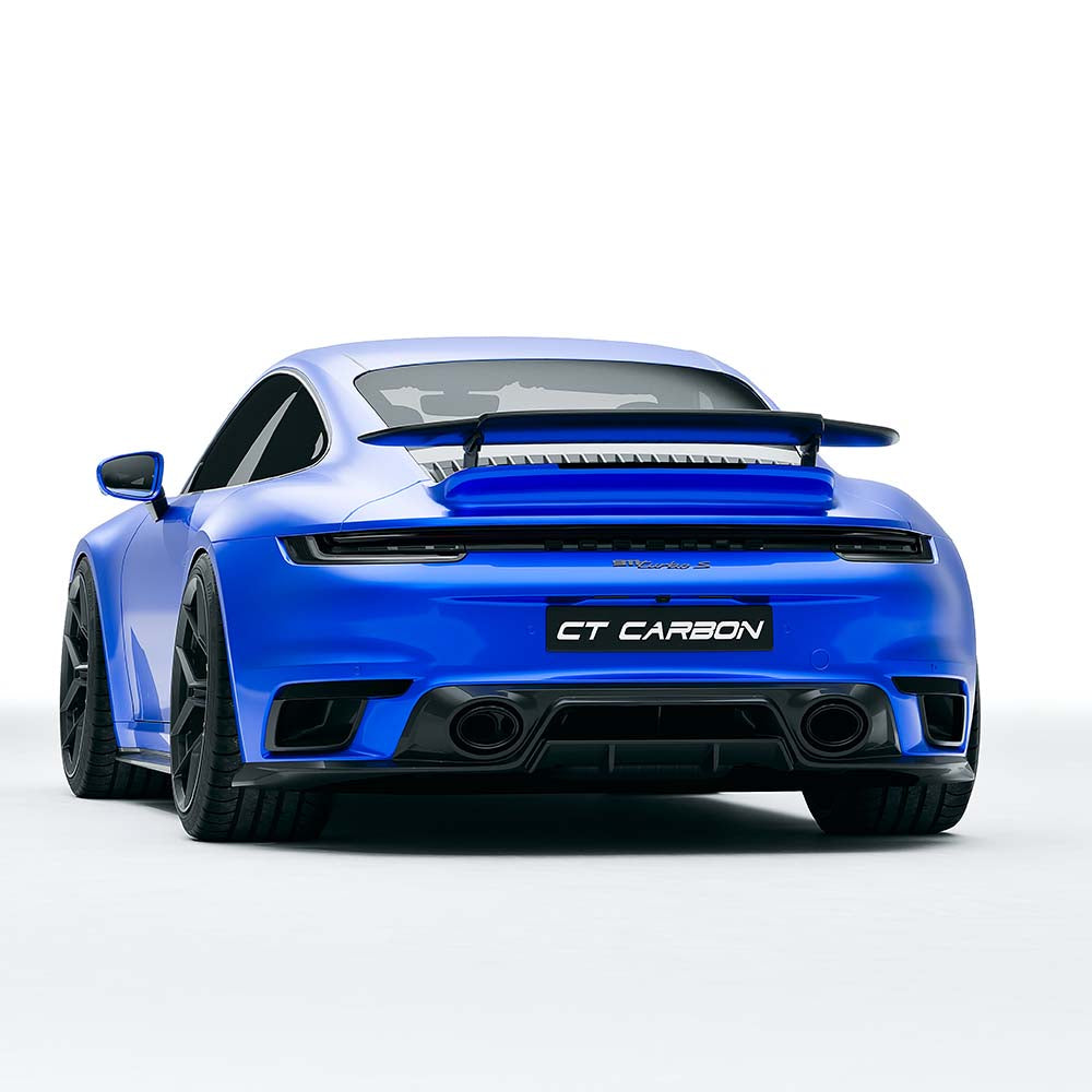 Porsche 911 992 Turbo S carbon fibre diffuser by CT Design, showing sleek black carbon fiber with detailed aerodynamic design.