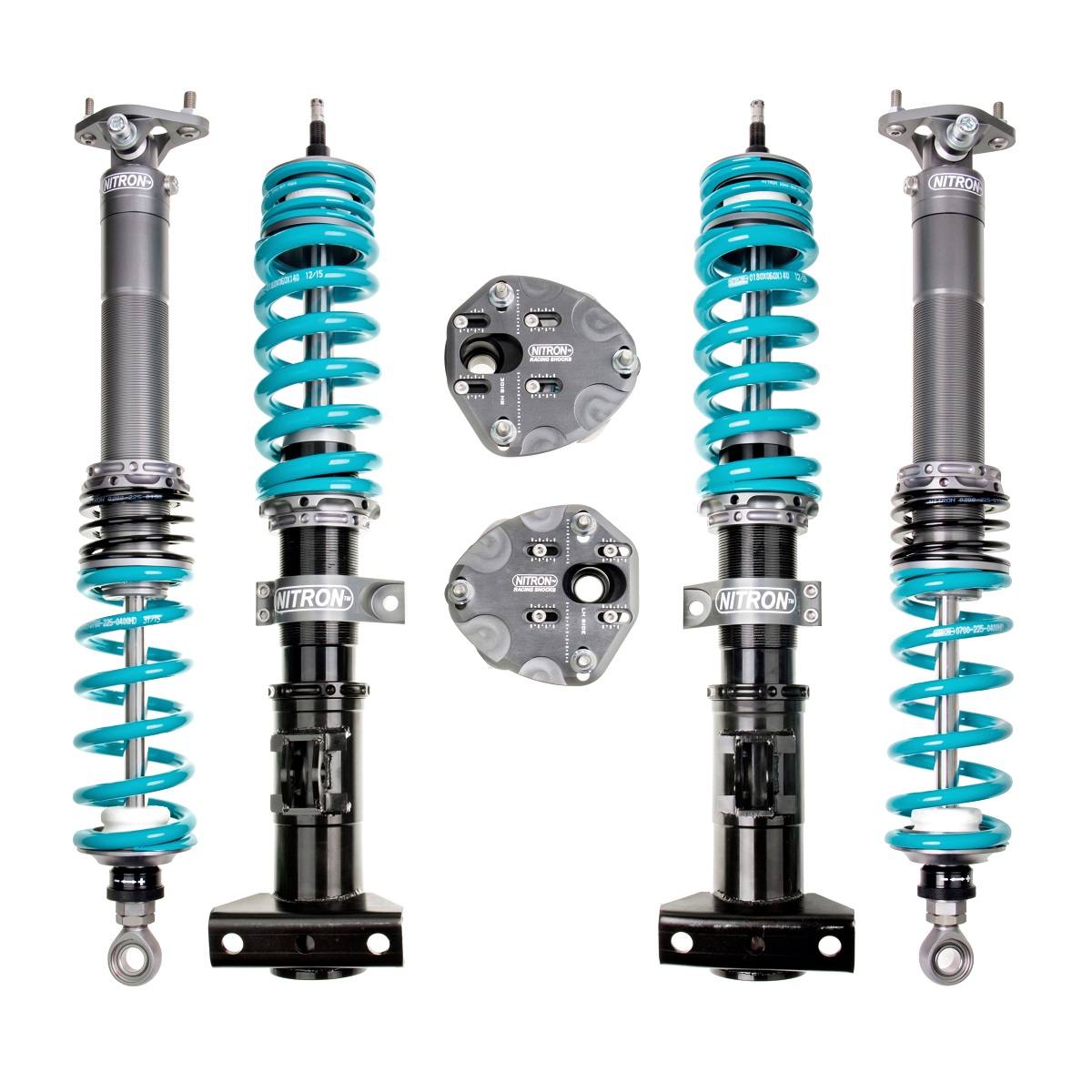 Nitron Racing BMW E36/8 Z3 M suspension coilovers NTR R1 kit with adjustable shocks and springs, black components on a car.