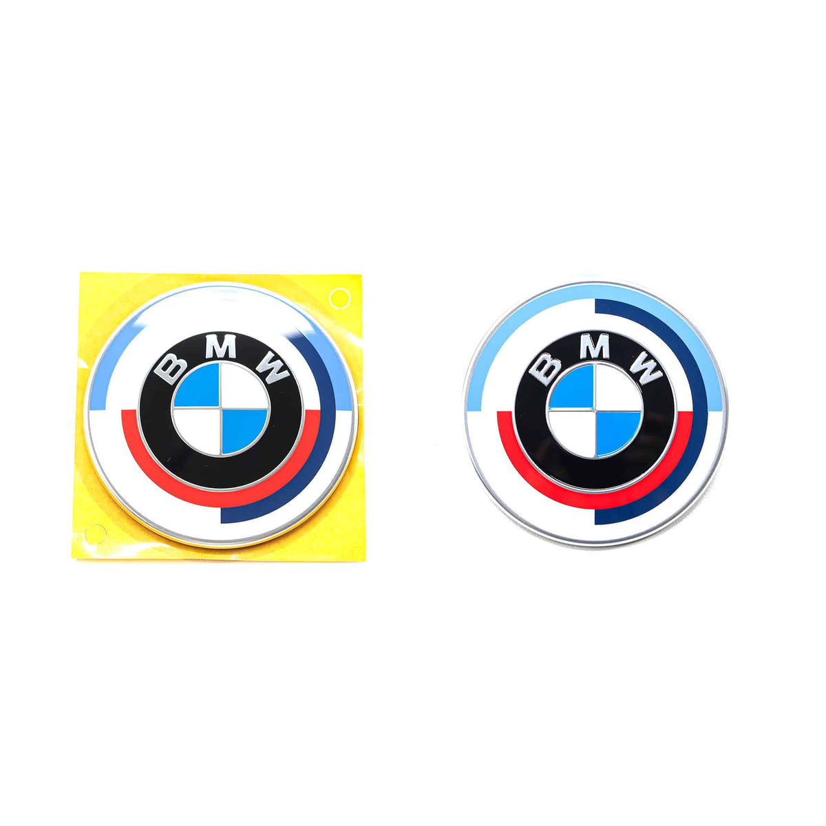 Genuine BMW 50 Years M anniversary badge emblem for G81 M3, front and rear badges, featuring BMW M logo design.