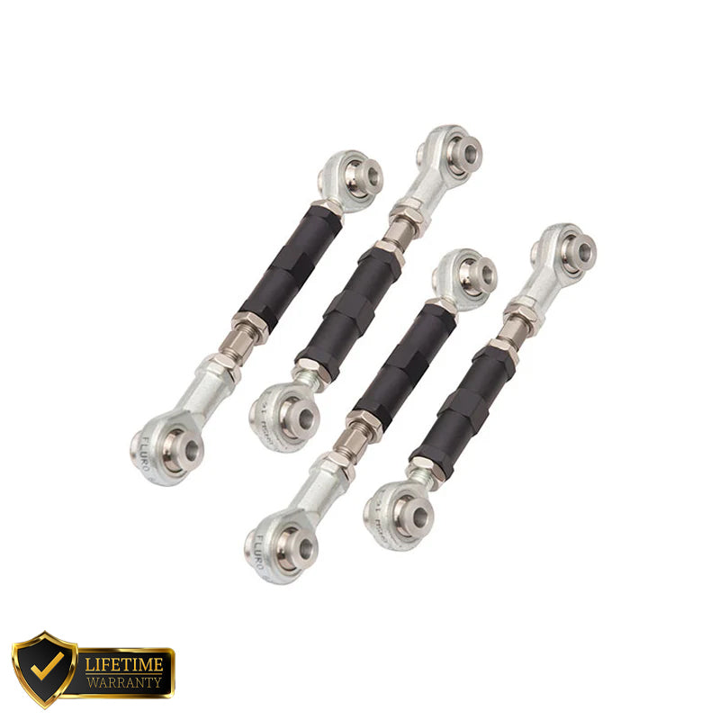 Suspension Secrets adjustable camber arms for Porsche 911 (997) GT3/RS, close-up of black suspension linkages with mounting points.