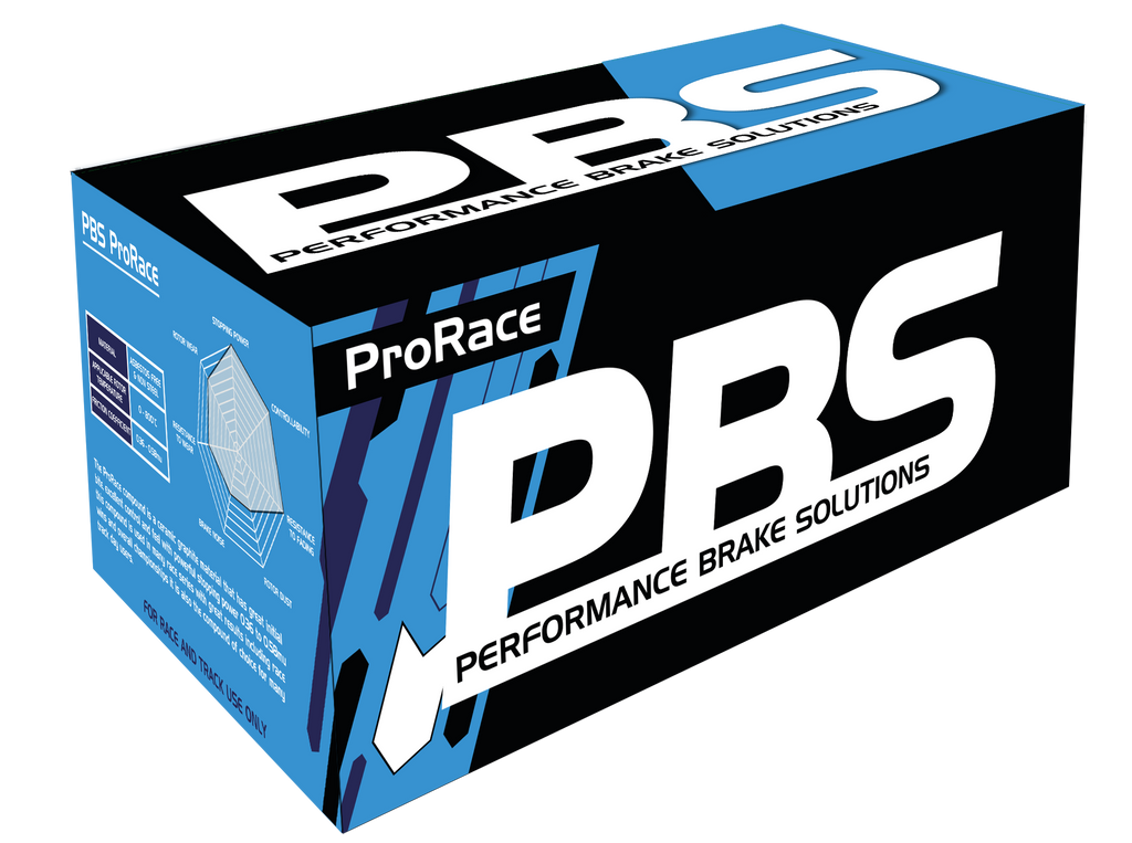 BMW M2 front performance brake pads by PBS, showing a close-up of the high-performance brake pads with visible branding and metal backing.