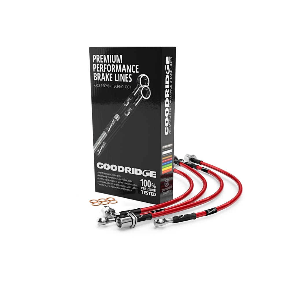Goodridge brake hose kit for Volkswagen Golf MK7 2.0 GTI, showing high-performance brake hoses with fittings and tubing.