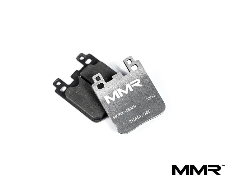 Rear MMX Performance brake pads for BMW F8x, F2x, F3x models, RP750 track brake pads shown in the image.