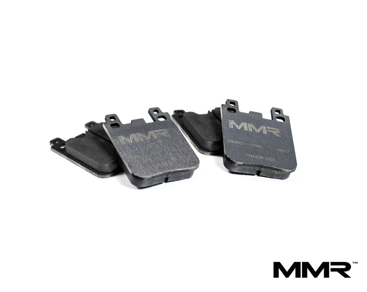 Rear brake pads for BMW F8x, F2x, and F3x models by MMX Performance, designed for high-performance track driving.