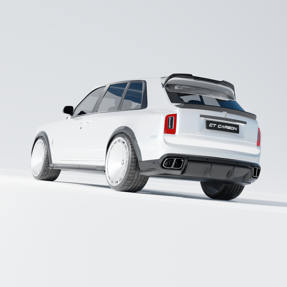 Rolls Royce Cullinan carbon fibre roof spoiler by CT Carbon, showcasing sleek, aerodynamic design on a luxury SUV.