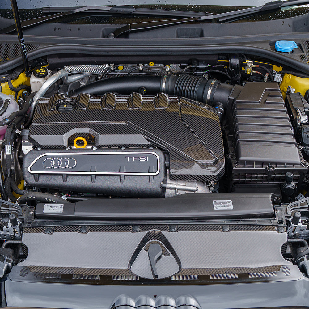 CT Carbon Audi RS3 8Y 2020+ carbon fiber engine cover kit with sleek, lightweight design for enhanced engine bay appearance.