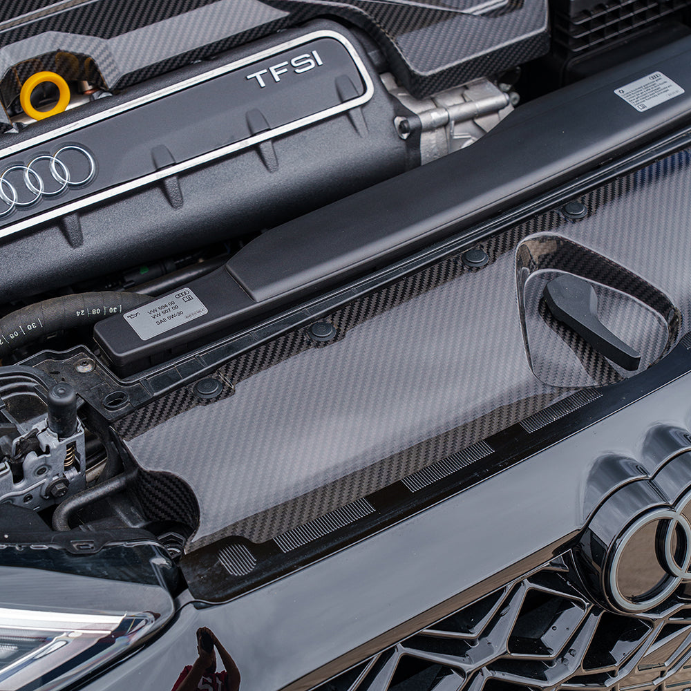 Audi RS3 8Y 2020+ carbon fibre engine bay scuttle trim by CT Carbon, showcasing sleek, lightweight engine bay accessories.