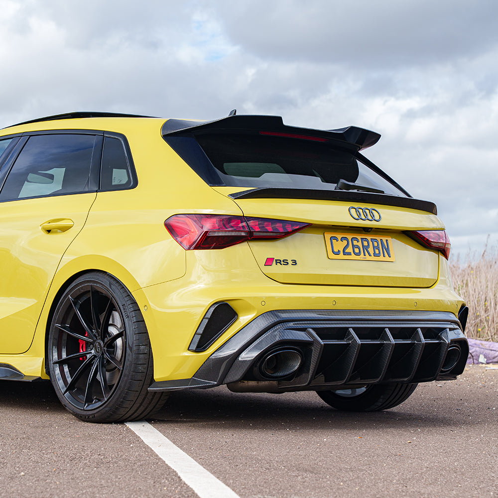 Full view of a 2025+ Audi RS3 8Y facelift Sportback with CT Design V2 carbon fibre kit, showcasing the sporty exterior enhancements.