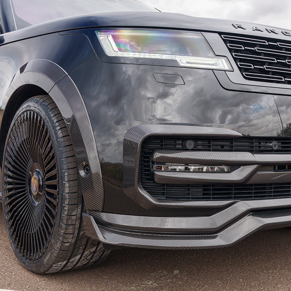 Range Rover L460 2022+ carbon fibre front bumper grille trim by CT Carbon, showcasing sleek, high-quality accessory detail.