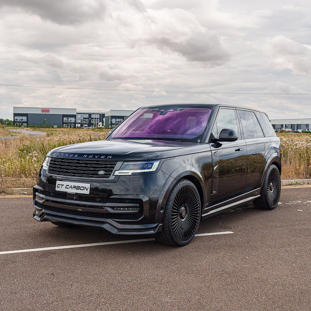 Range Rover L460 2022+ carbon fibre front bumper grille trim by CT Carbon, showcasing sleek, lightweight accessory design.