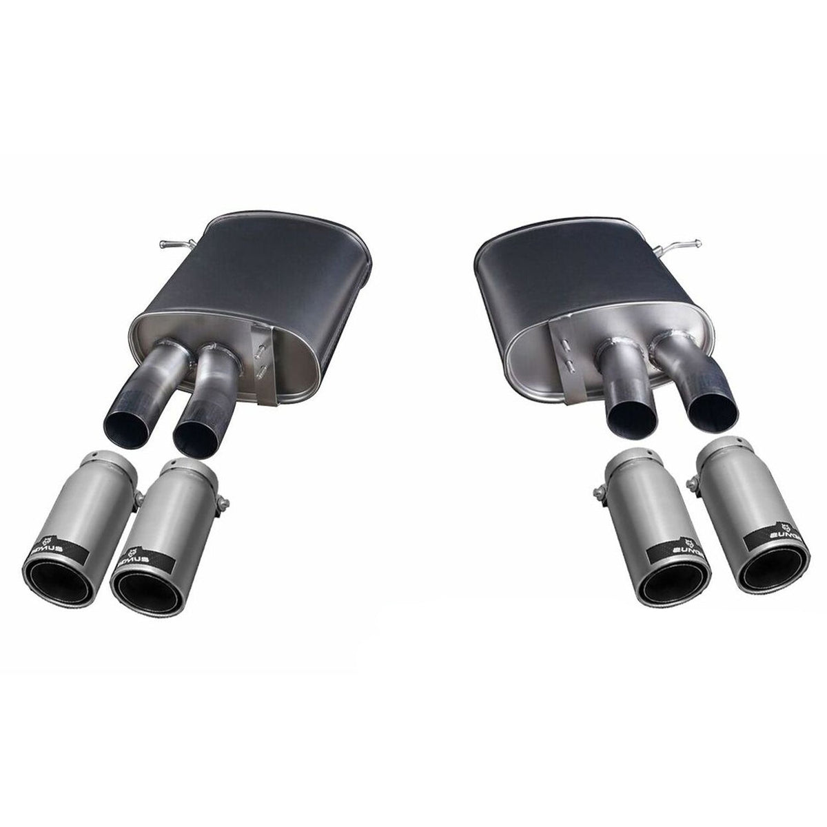 Remus axle back exhaust silencer for BMW 335i E90, E92, E93 rear view, non-M Sport model, with polished metal finish.