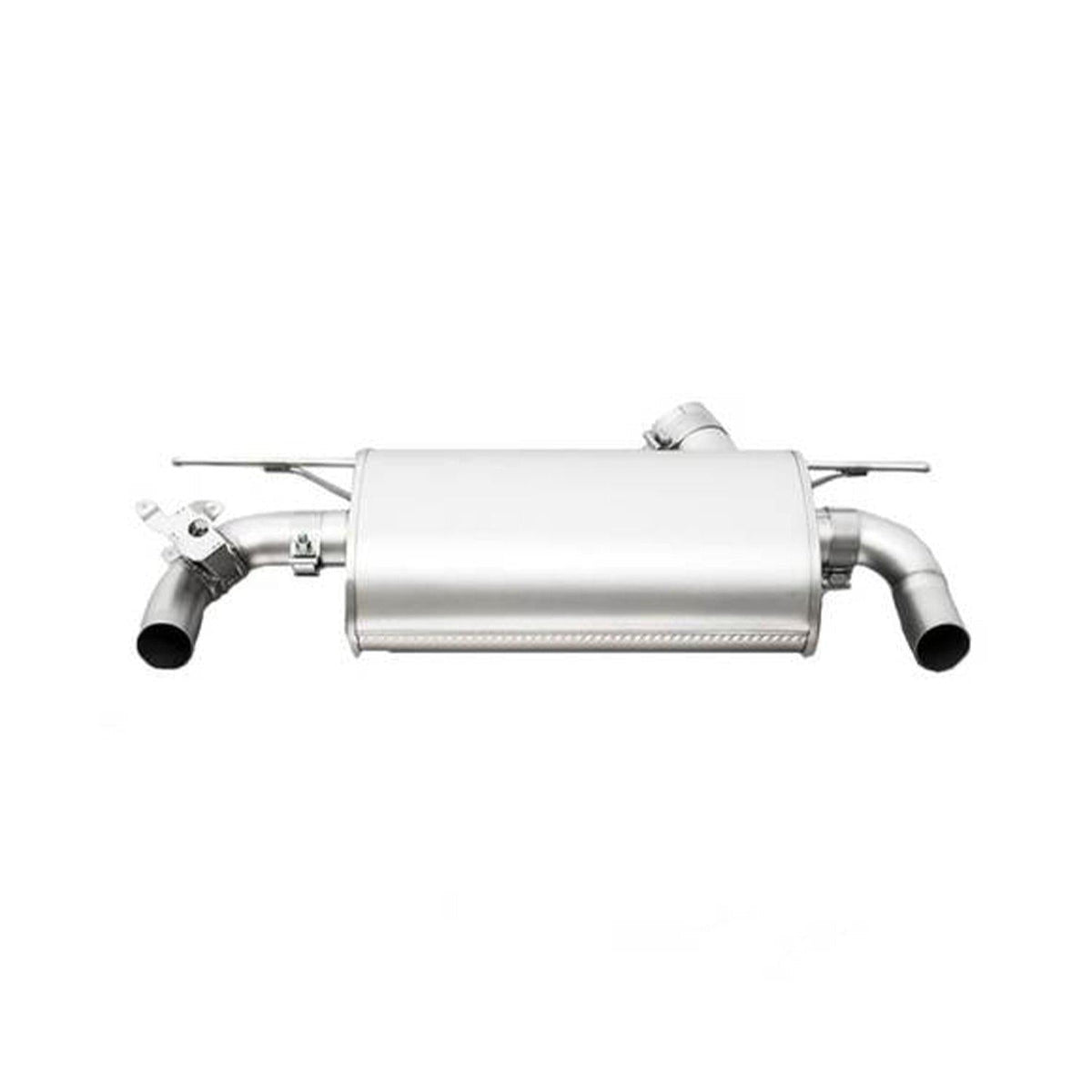Remus BMW M140i rear axle back exhaust silencer with polished metal finish and dual exhaust tips.