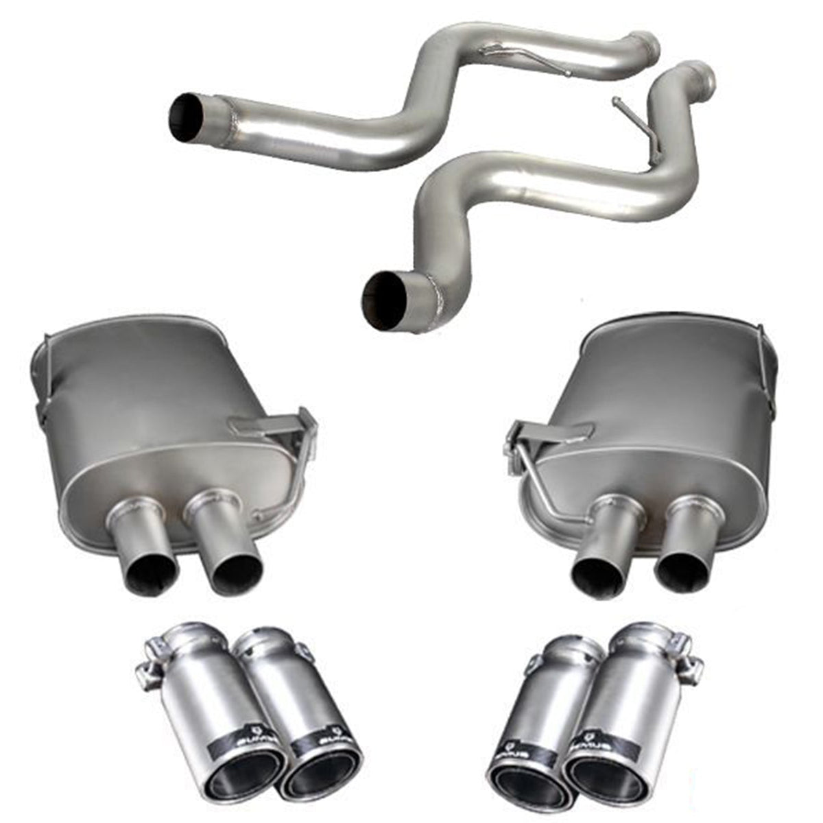 Remus BMW M3 axle-back rear silencer exhaust system for E90, E92, E93 models, showcasing polished metal finish and dual exhaust tips.