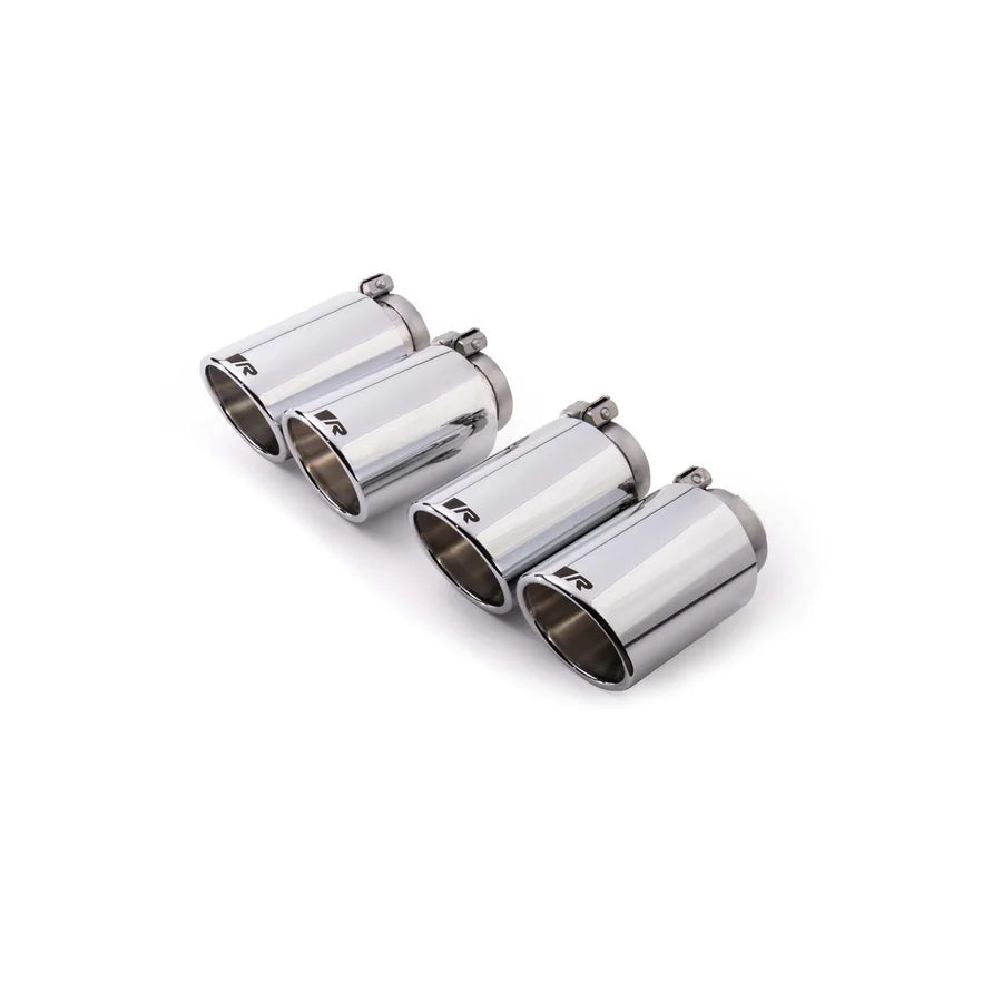 Remus stainless steel 102mm chrome angled exhaust tips with rolled edge, designed for BMW M3 and M4 GPF racing exhaust systems.