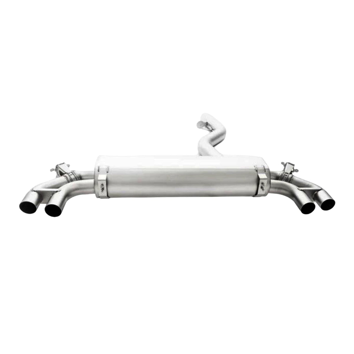 Remus stainless steel cat back exhaust system installed on BMW G42 M240i, showcasing sleek exhaust tips and piping.
