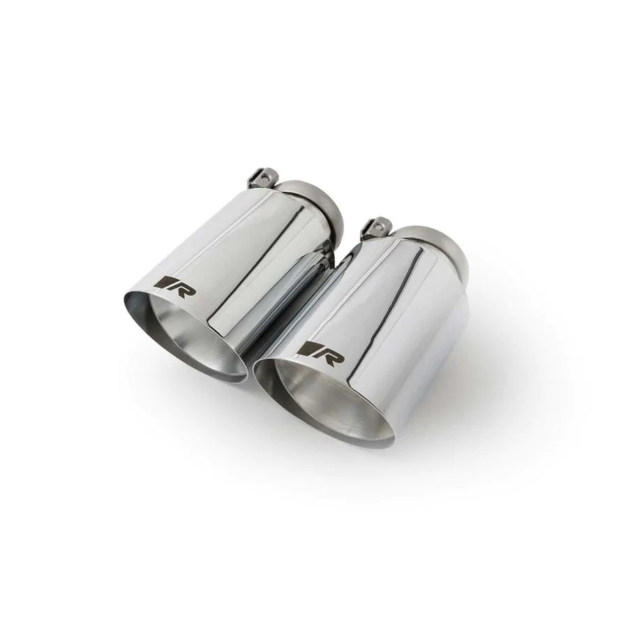 Set of four Remus stainless steel 102mm chrome angled exhaust tips with a straight cut design for car exhaust systems.