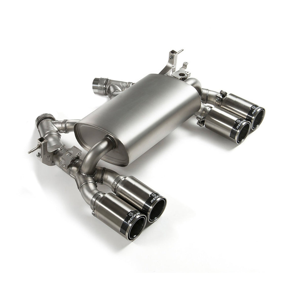 Remus BMW axle back exhaust system for F80 M3 and F82 M4, featuring polished stainless steel pipes and dual exhaust tips.