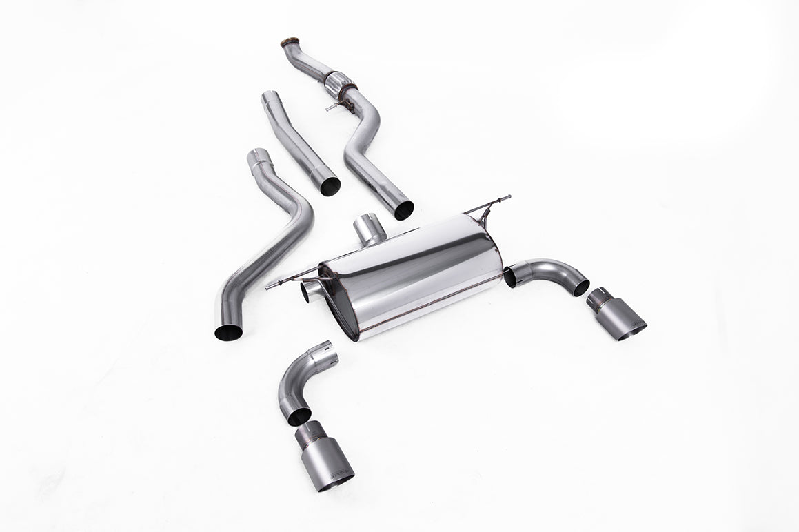 Milltek Sport BMW M135i F20 F21 cat-back exhaust system with rear silencer, stainless steel design, installed on the vehicle.