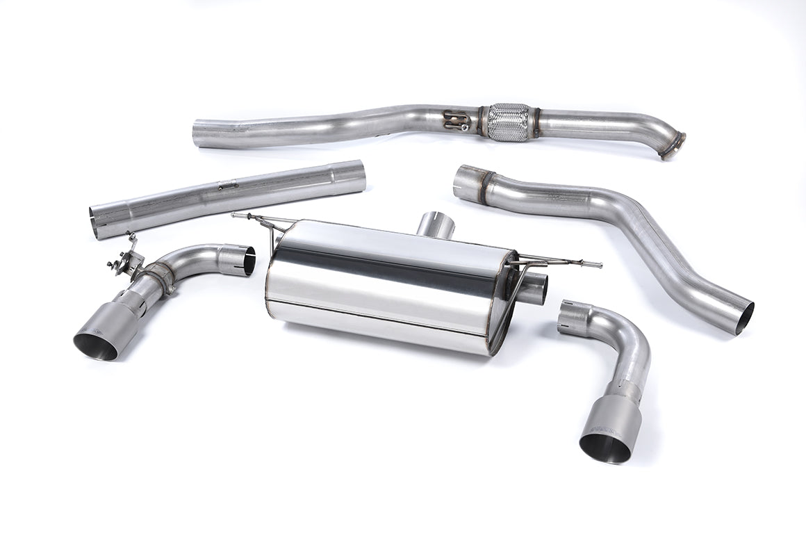 Milltek Sport cat back exhaust system for BMW M235i F22 F23 2014-2015, showing polished metal pipes and exhaust tips.