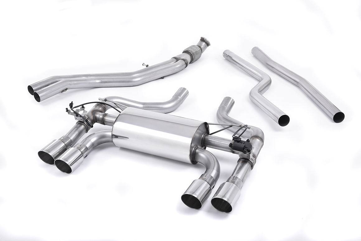 Milltek Sport BMW M2 F87 cat back exhaust system with stainless steel piping and dual exhaust tips, installed on a 2015-2018 model.