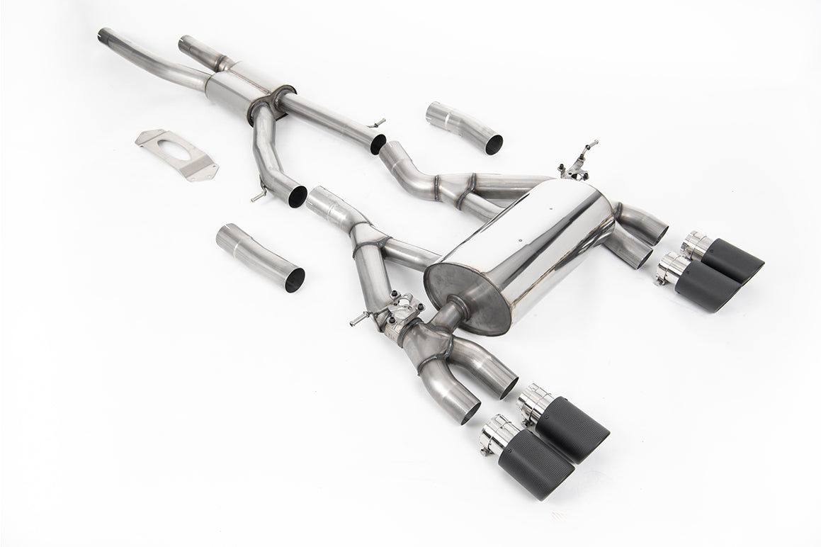 Milltek Sport BMW M3 F80 and M4 F82 full cat back exhaust system with polished stainless steel tips, designed for 2019-2020 models.