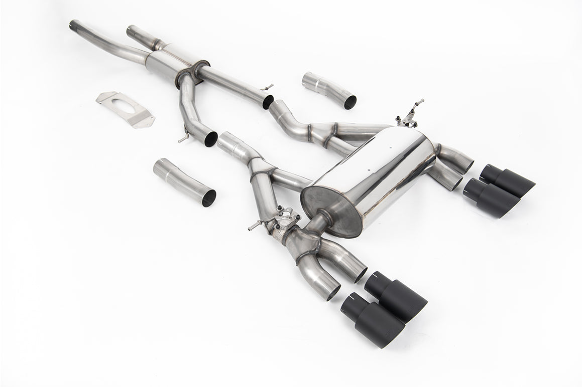 Milltek Sport full cat back exhaust system for BMW M3 F80 and M4 F82 models with OPF, shown on a car in a showroom setting.