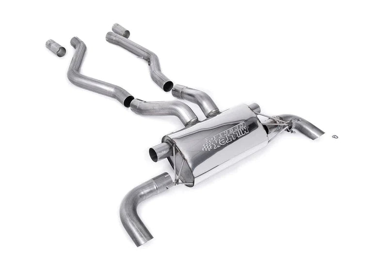 Milltek Sport BMW X3M LCI F97 2022+ cat back exhaust system with polished metal pipes and dual exhaust tips.