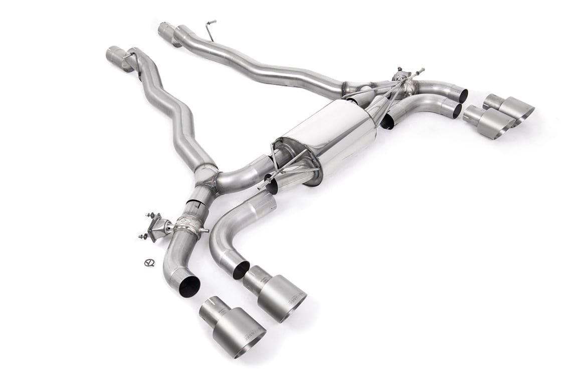 Milltek Sport GPF/OPF back exhaust system for BMW M5 F90 2020-2021, showing the stainless steel exhaust pipes and muffler.