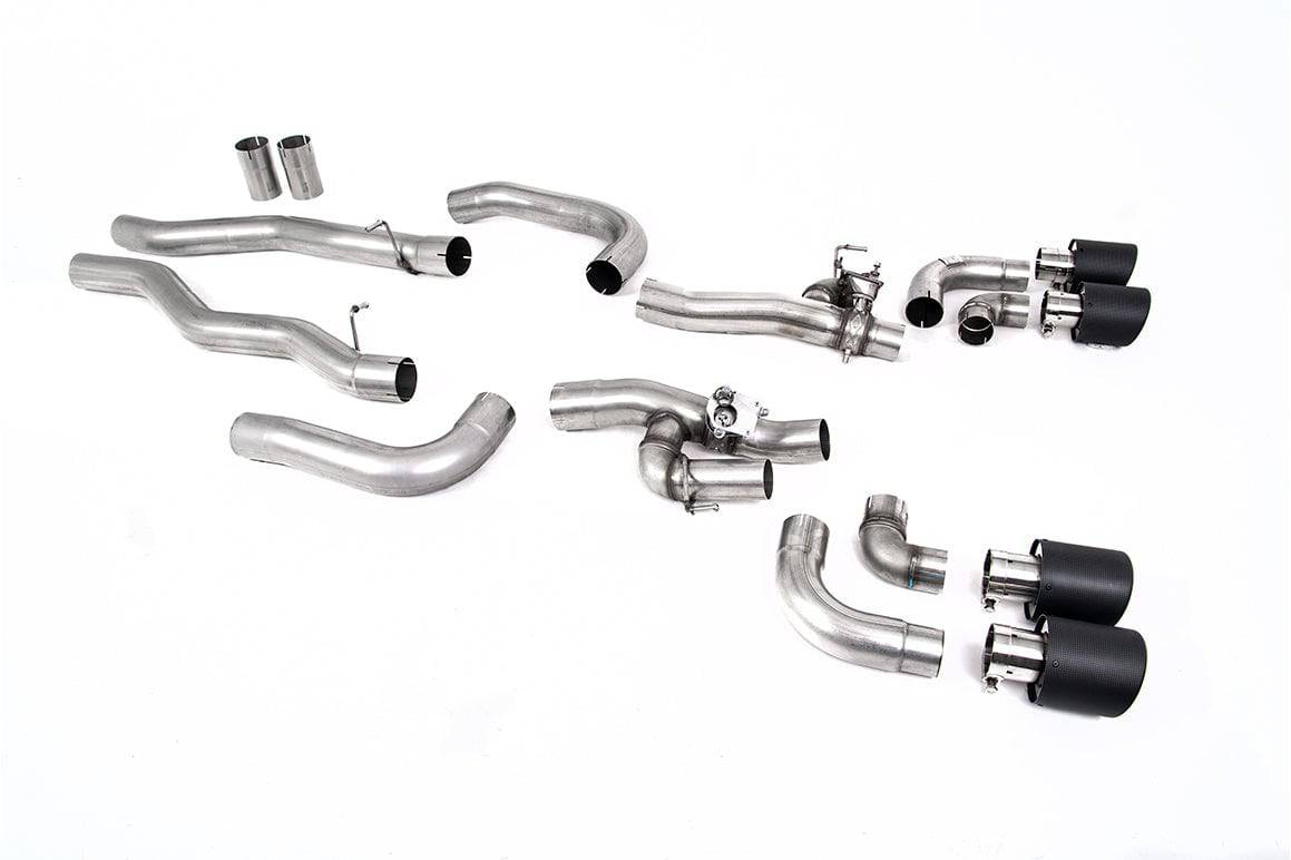 Milltek Sport GPF/OPF back exhaust system for BMW M8 F91 F92 F93 2020+ showing polished metal exhaust pipes and tips.