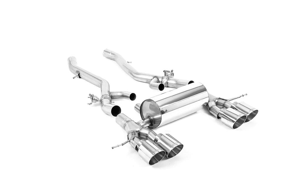 Milltek Sport GPF/OPF back exhaust system for BMW M3 G87 M4 G82 G83 with particulate filter, stainless steel construction.