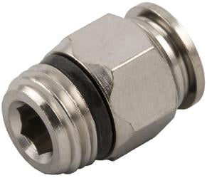 Nineteen72 Performance straight male air ride fitting adapter, metallic connector with threaded ends for automotive air suspension systems.