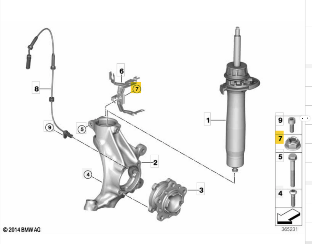 Genuine BMW F8X M2, M3, M4 strut bolt and nut kit showing metallic bolts and nuts for suspension assembly.