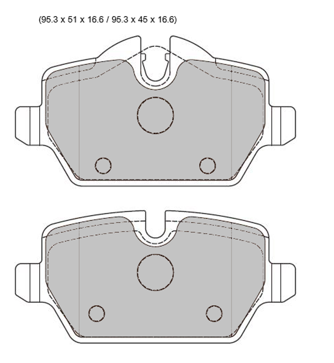BMW One Series rear brake pads by PBS, showing the black brake pad with mounting holes and detailed surface texture.
