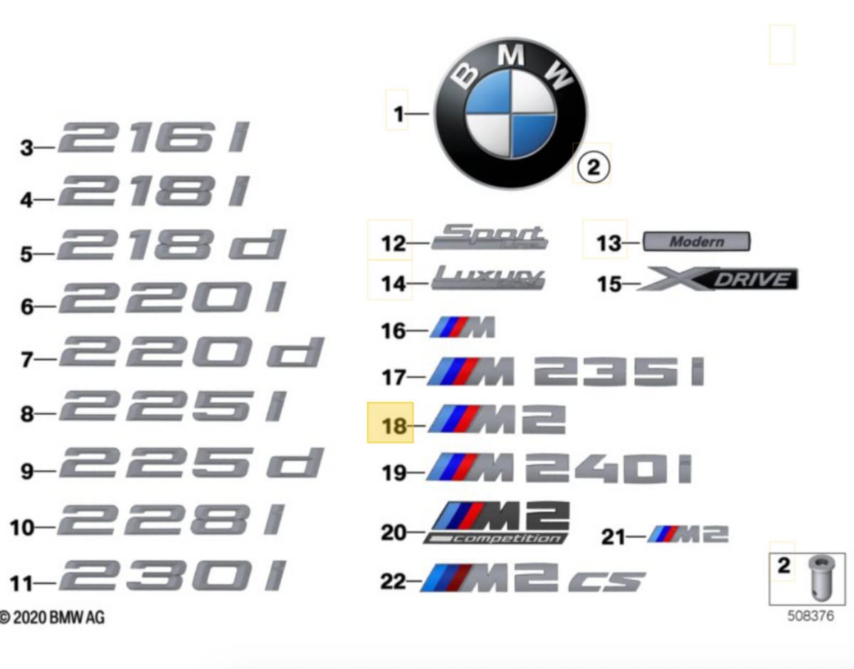 Genuine BMW M2 rear emblem badge with black and silver finish, designed for BMW M2 models.